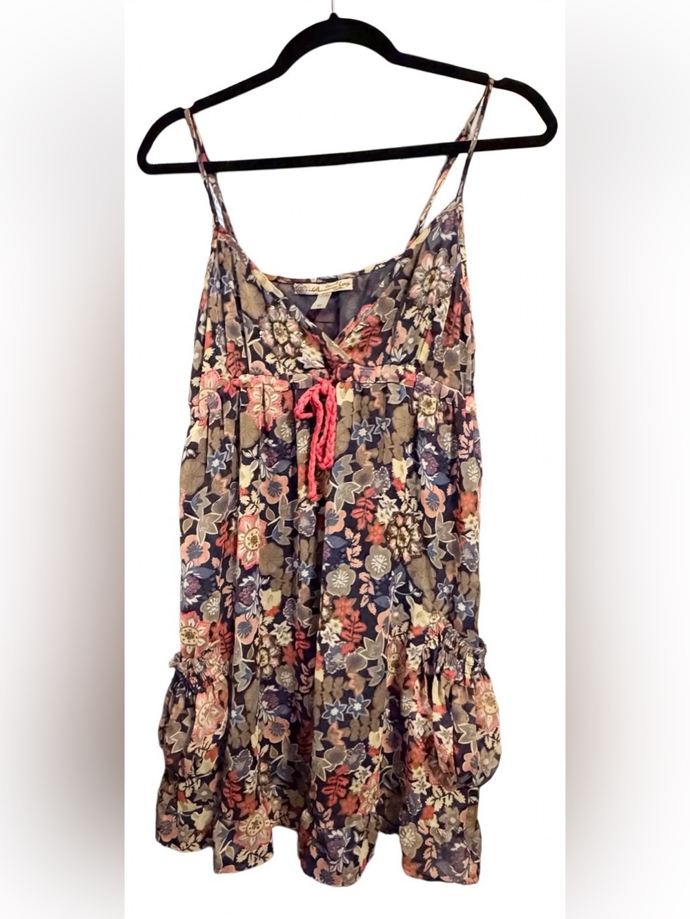American Rag Cie- Navy Floral Spaghetti Strap Mini Dress with Coral Tie- M
